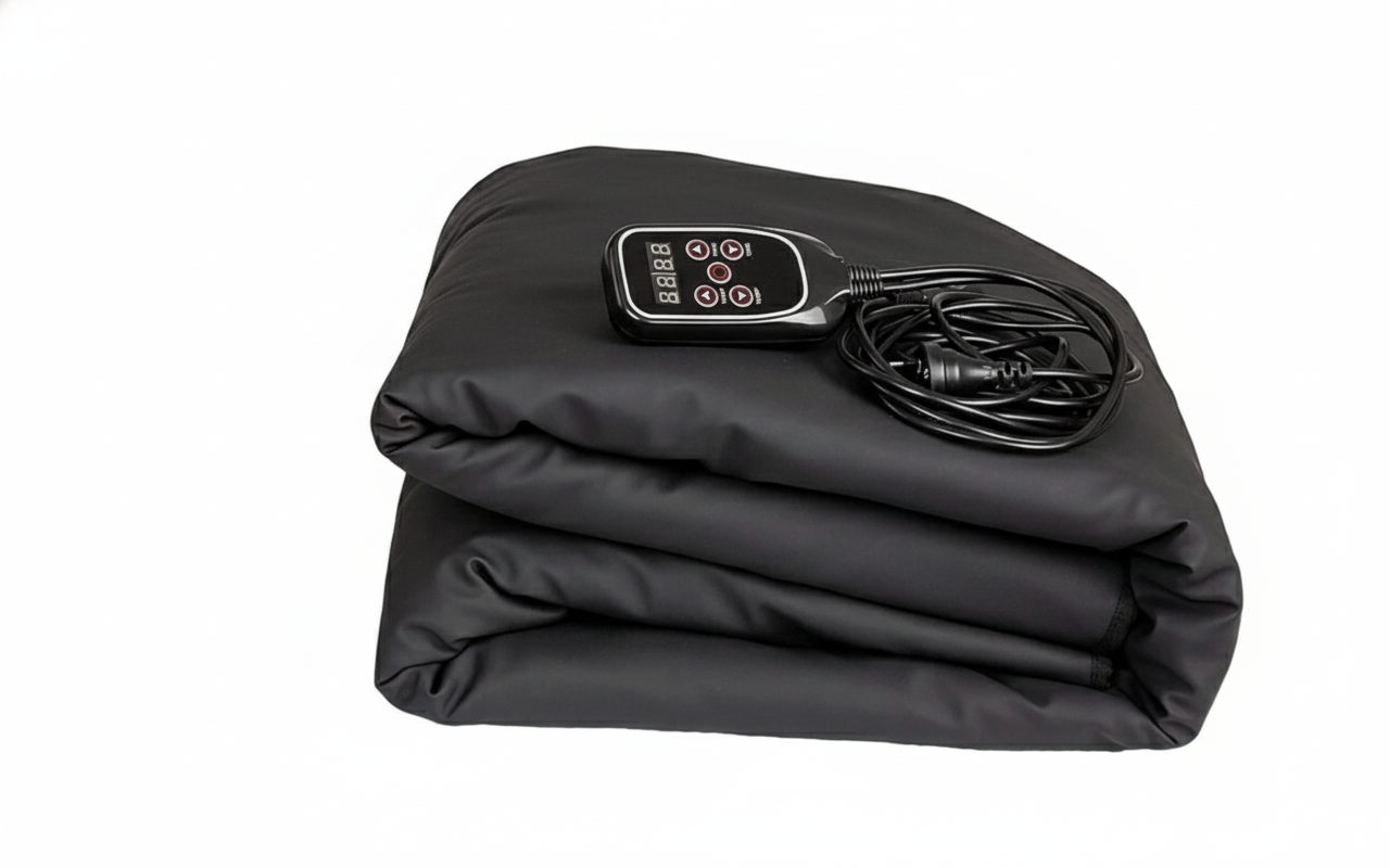 Folded SoloSauna blanket with its remote sitting on a white background.