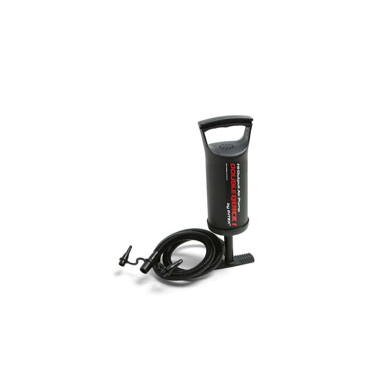 Black handheld pump with a coiled hose on a white background