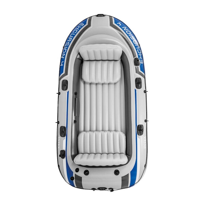 Inflatable boat with grey seats and blue and gray exterior on a white background