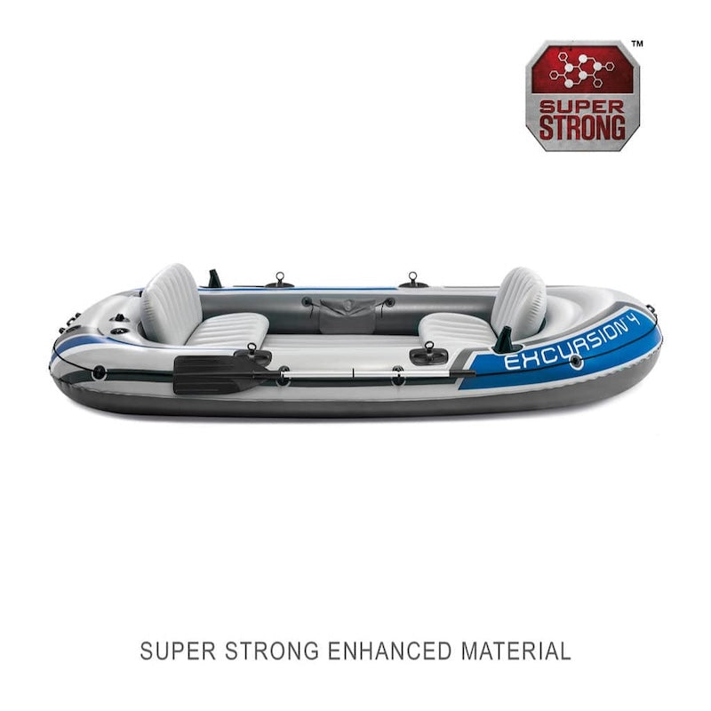 Inflatable boat with 'Super Strong' material label on a white background