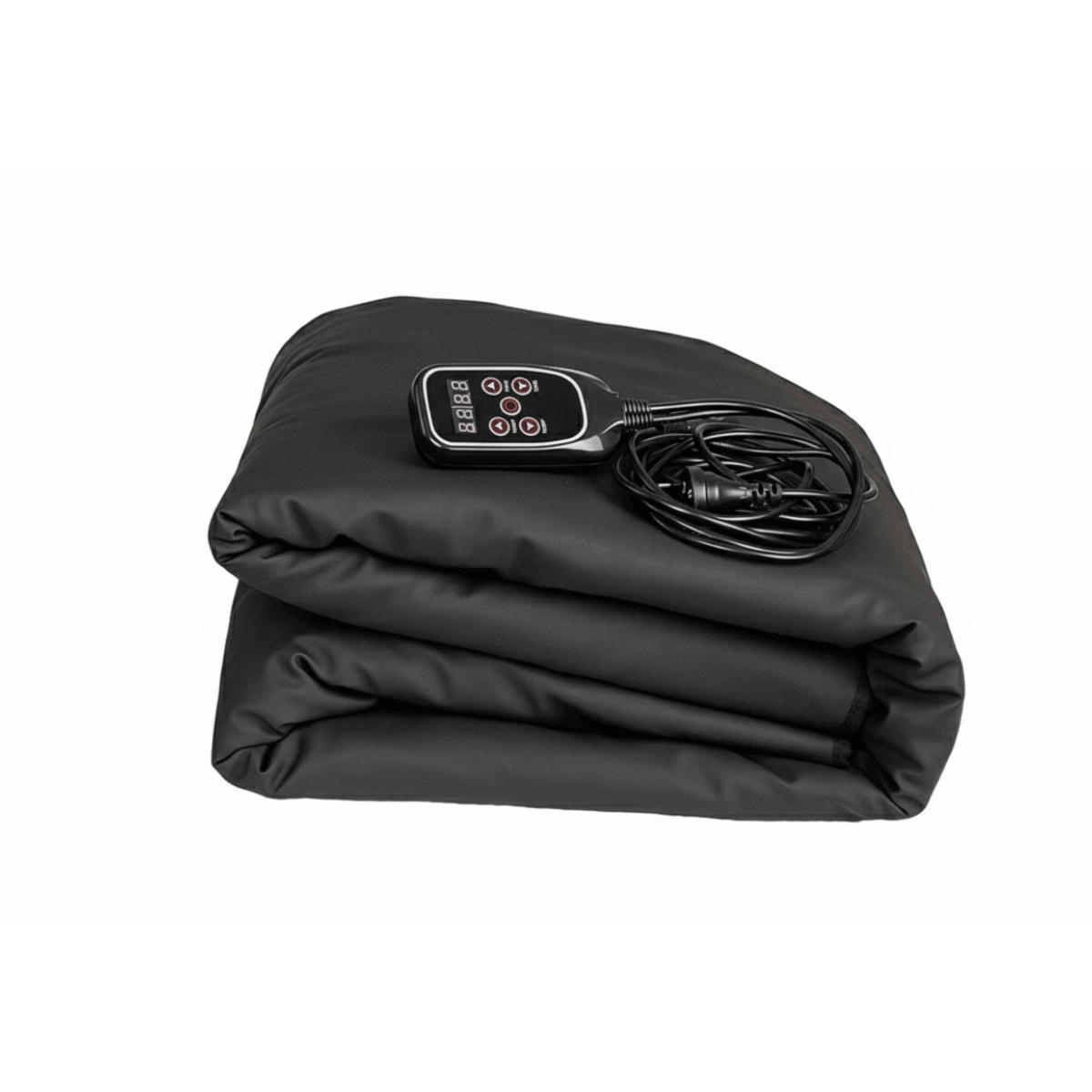 Folded SoloSauna blanket with its remote sitting on a white background.