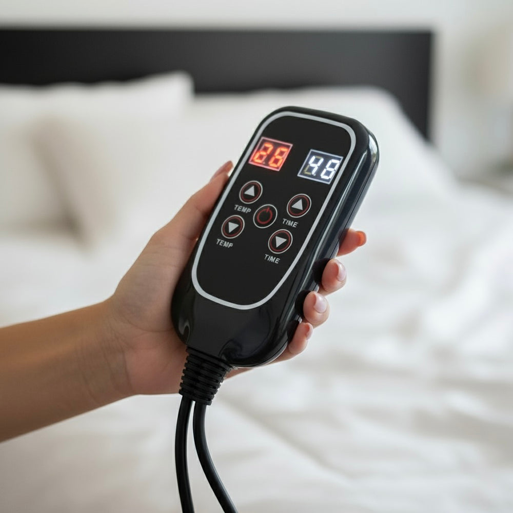 A hand holding an electric sauna blanket's controller with a blurred bed in the background