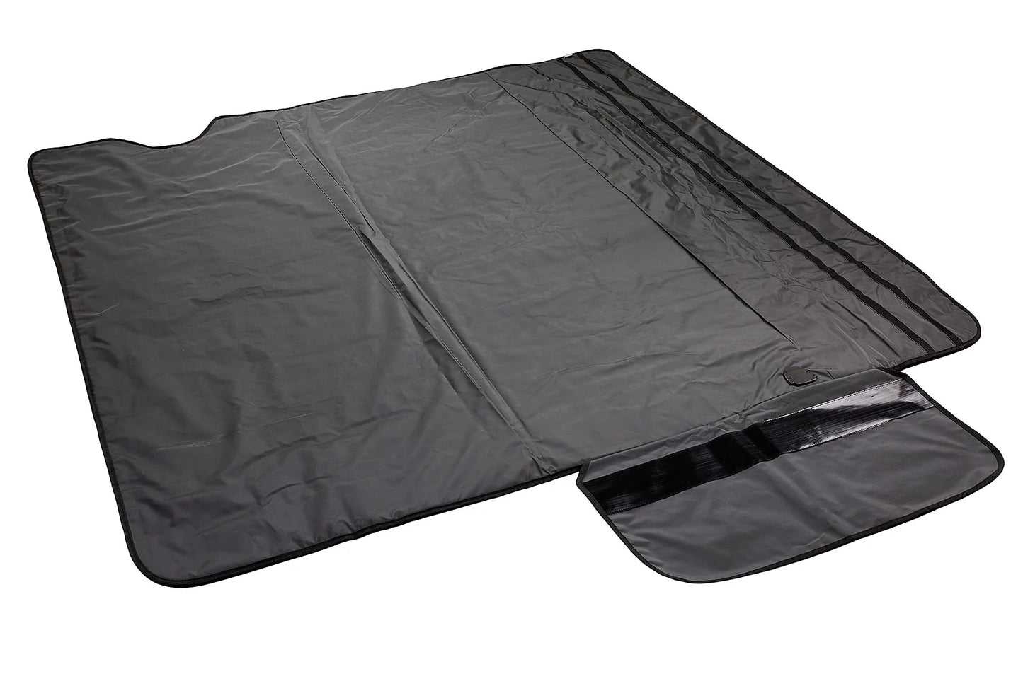 Black sauna blanket with velcro unfolded on a white background