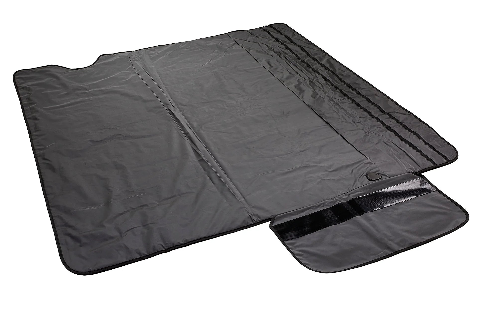 Black sauna blanket with velcro unfolded on a white background