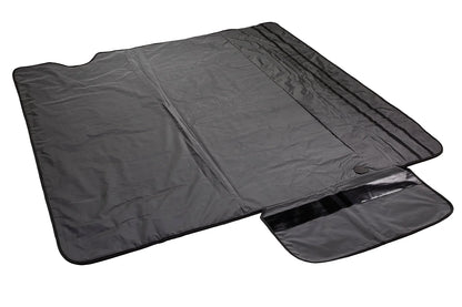 Black sauna blanket with velcro unfolded on a white background