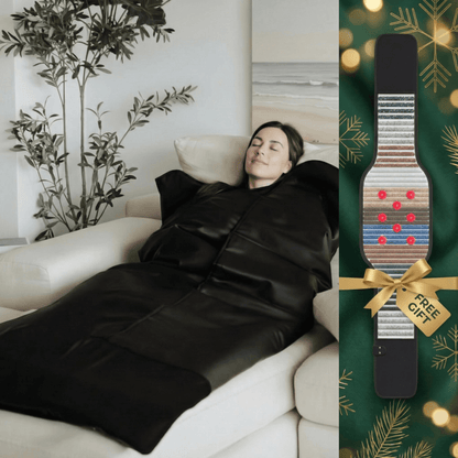 Split image: Woman in sauna blanket on left side, free gift included on right side.