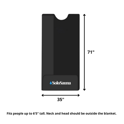 Black sauna blanket with SoloSauna logo and dimensions on a white background