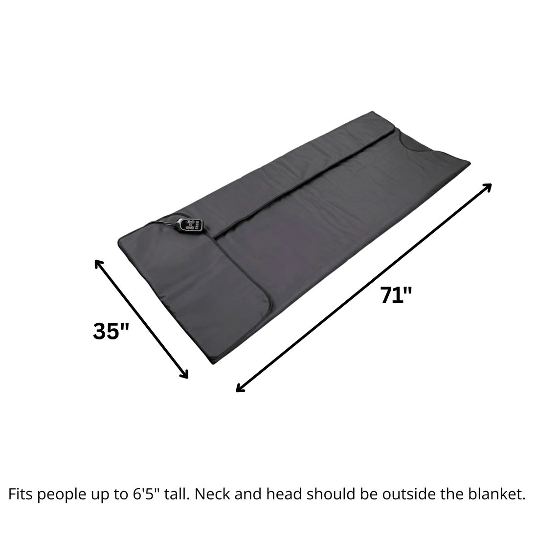 SoloSauna Blanket displaying dimensions on a clear background (71"x35')