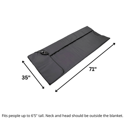 SoloSauna Blanket displaying dimensions on a clear background (71"x35')