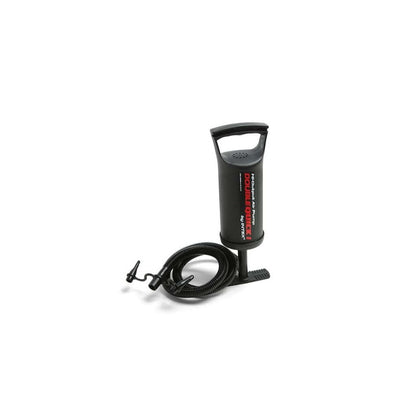 Black handheld pump with a coiled hose on a white background