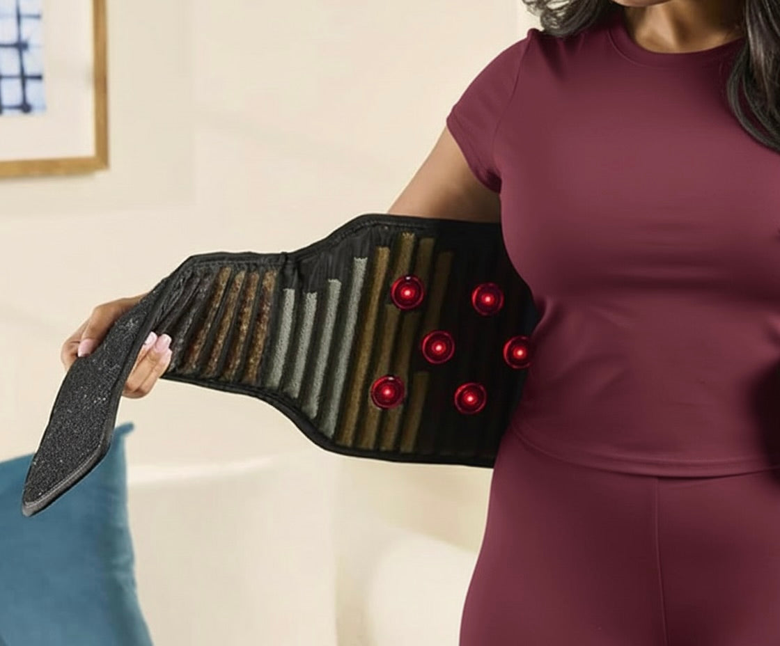 woman using the SoloSauna far infrared therapy light heated belt on her back