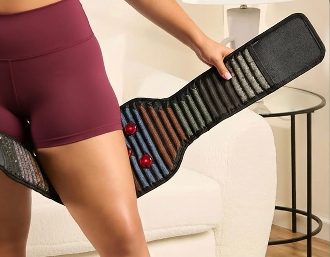 woman using the SoloSauna far infrared therapy light heated belt on her leg