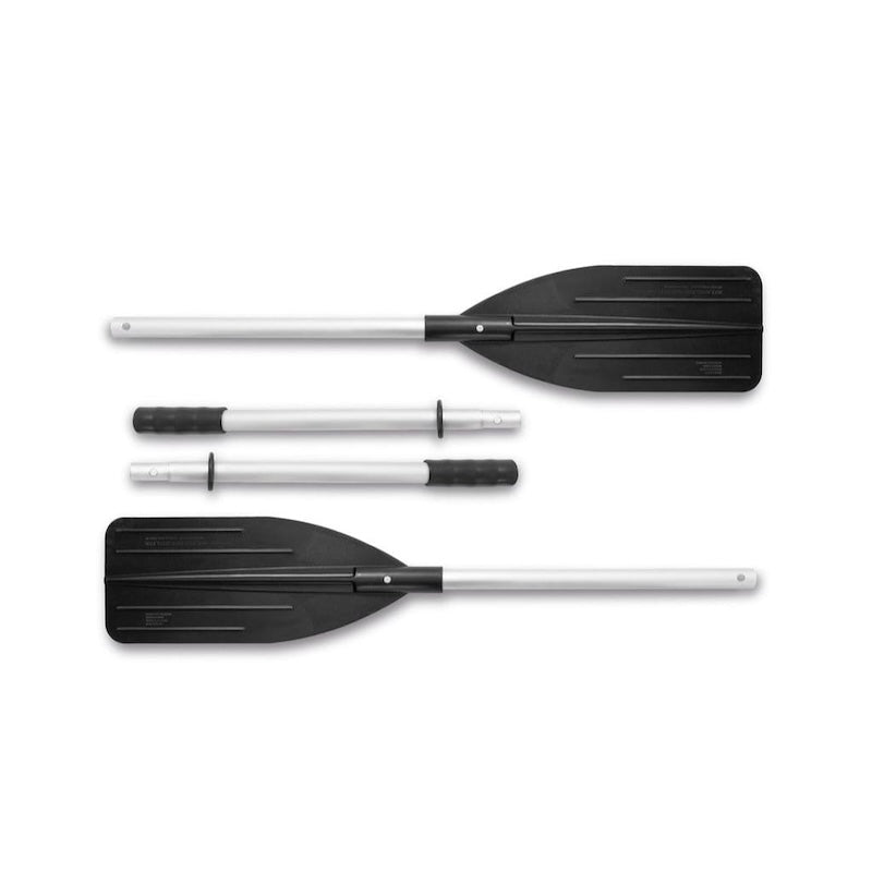 Set of two aluminum folding oars with black PVC blades and handles on a white background
