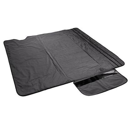 Black SoloSauna blanket with velcro unfolded on a white background