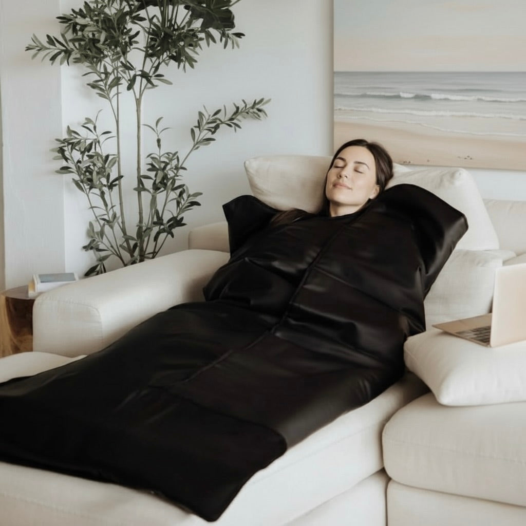 Person lying on a black sauna blanket on a couch.