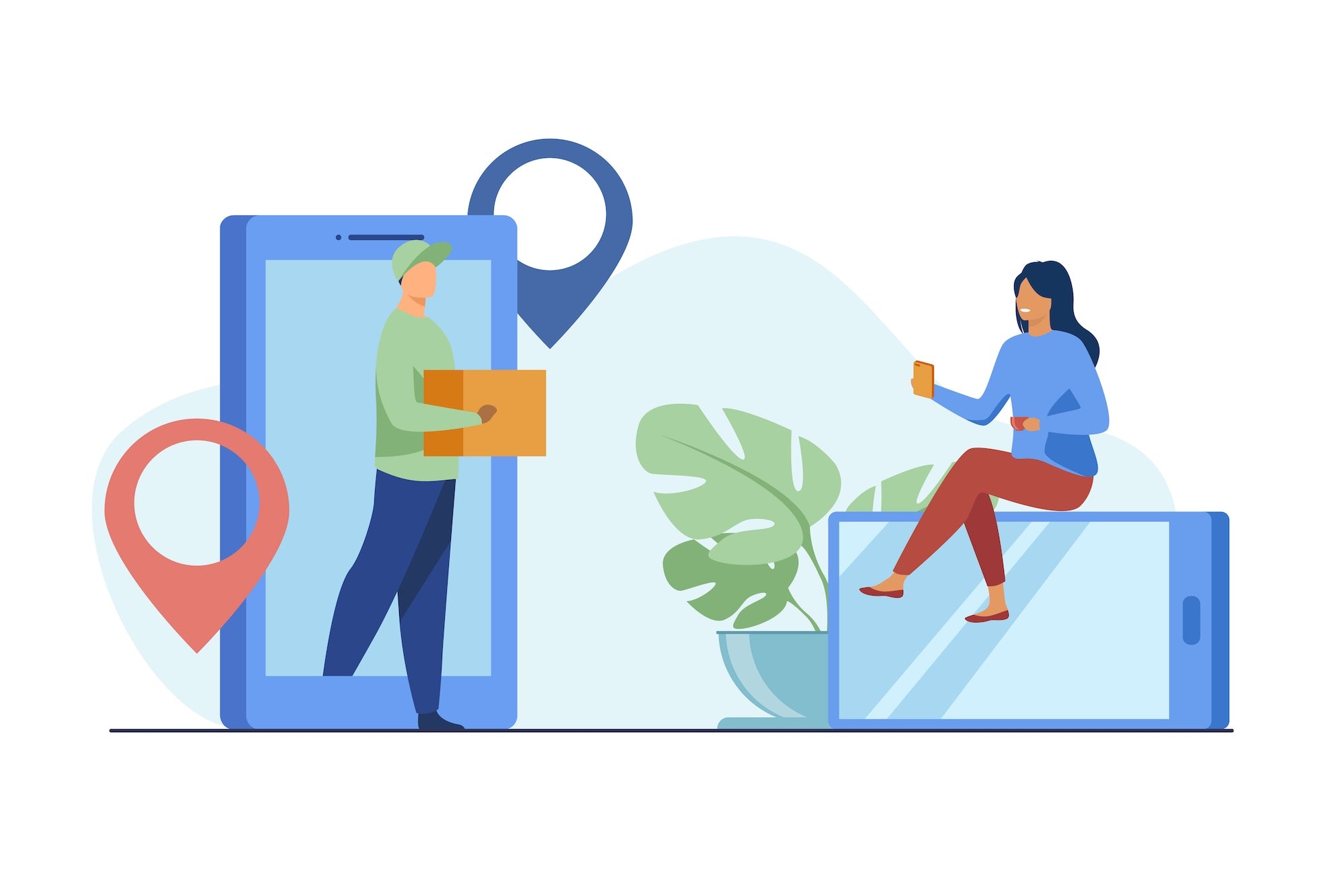 Illustration of a person delivering a package through a smartphone screen, with another person receiving it.